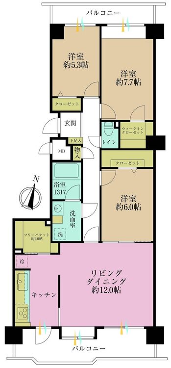 間取り 3LDK、価格4380万円、専有面積83.58m2、バルコニー面積11.22m2