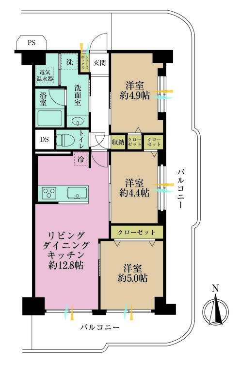 間取り 3LDK、専有面積61.6m2、バルコニー面積22.87m2