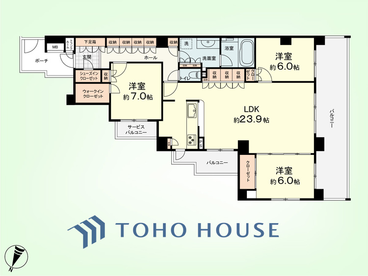 間取り 3LDK+TR　専有面積102.25平米、バルコニー面積27.12平米