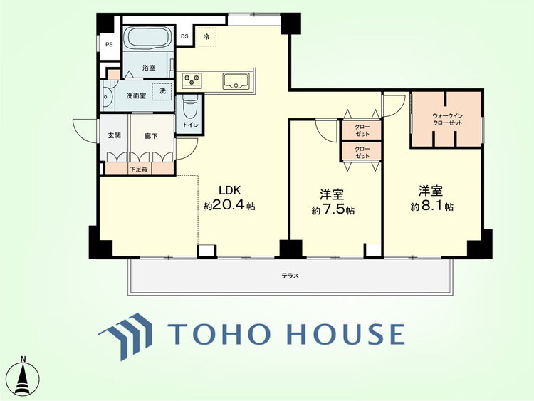 間取り 2LDK　専有面積79.60平米、バルコニー面積9.87平米