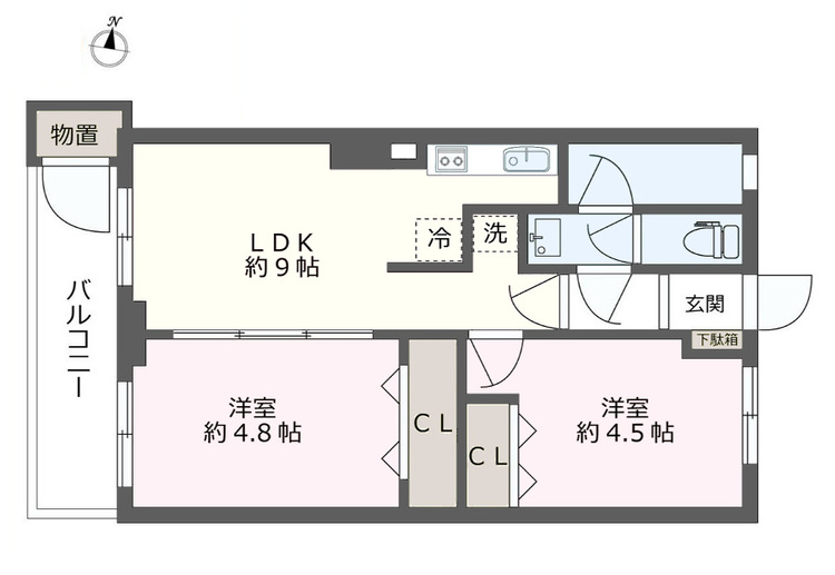 間取り 2LDK、専有面積44.56? 