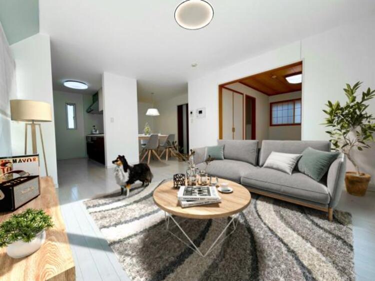 居間 （配置してある家具はCGによるイメージです）家族が集まるリビングは１８帖のゆったり空間に。続き間の和室はお子様を遊ばせるスペースとしても重宝します。（2025.1.5撮影）