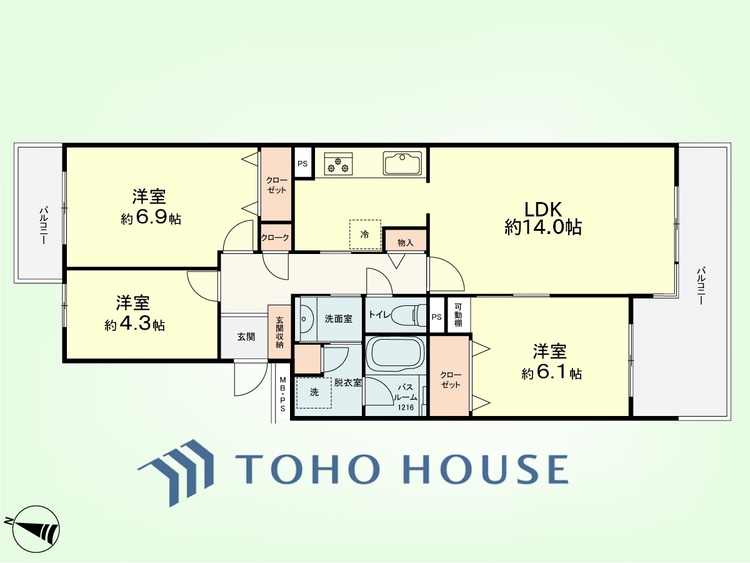間取り 3LDK 専有面積72.78平米、バルコニー面積10.74平米