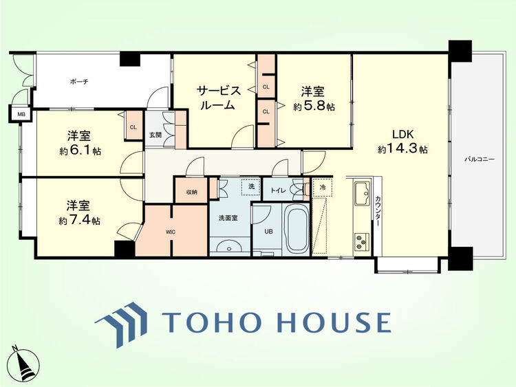 間取り 3SLDK 専有面積100.36平米、バルコニー面積12.30平米
