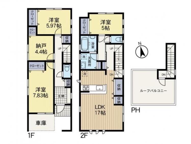 間取り 2階に広がる水回りと17帖のLDK、贅沢な空間が魅力の住まい。