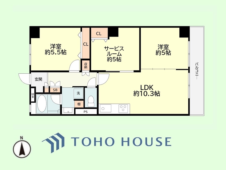 間取り 2SLDK　専有面積58.32平米、バルコニー面積7.56平米
