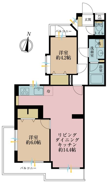 間取り 2LDK、専有面積59.36平米、バルコニー面積12.22平米