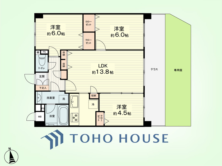 間取り 3LDK　専有面積66.40平米、テラス面積12.45平米、専用庭面積15平米