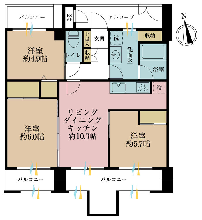 間取り 3LDK、専有面積61.42平米、バルコニー面積15.06平米