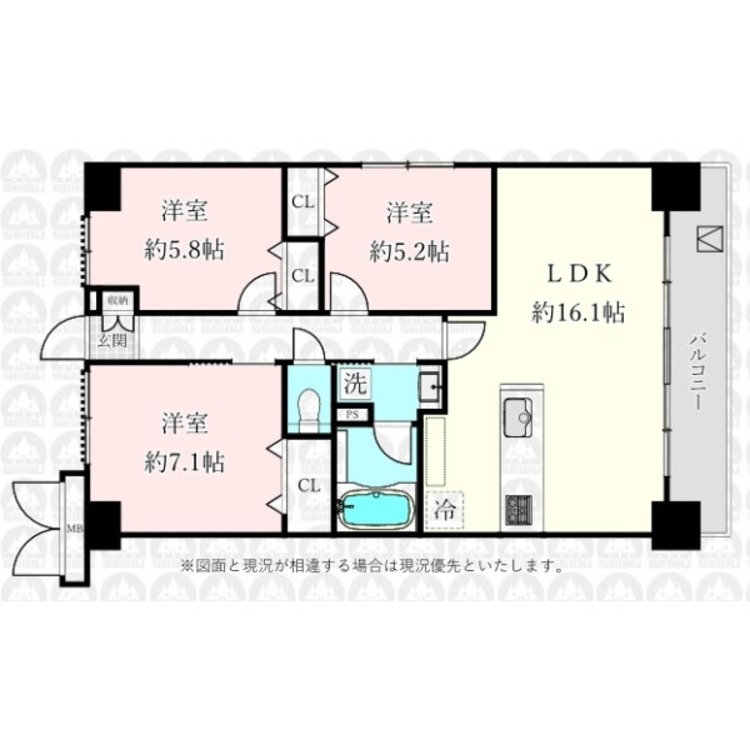 間取り 主寝室7.1帖を含む3LDKプラン。