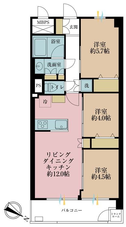 間取り ３ＬＤＫ、専有面積５８．８６平米、バルコニー面積６．９４平米