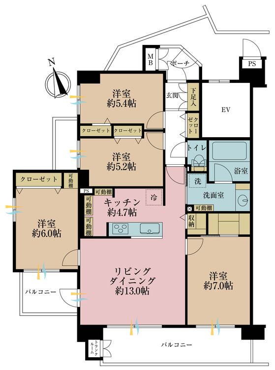 間取り 4LDK、専有面積89.70平米、バルコニー面積16.32平米