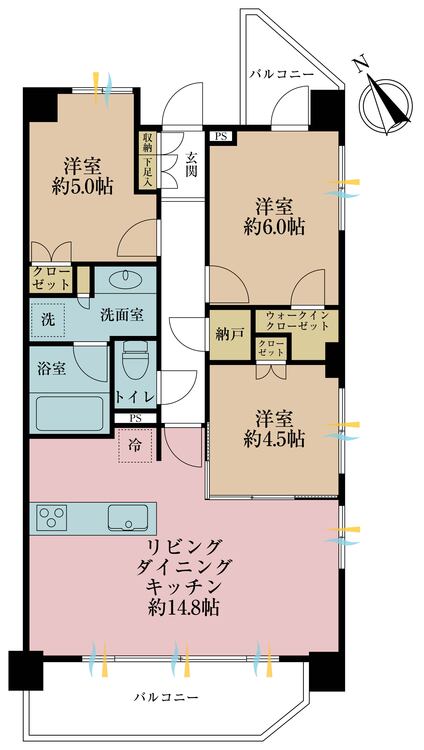 間取り ３ＬＤＫ、専有面積６７．６９平米、バルコニー面積１２．８８平米
