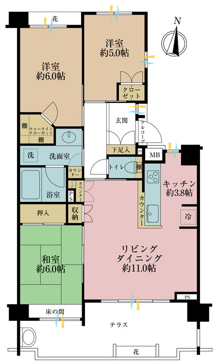 間取り ３ＬＤＫ、専有面積７０．１９平米、テラス面積１２．１５平米
