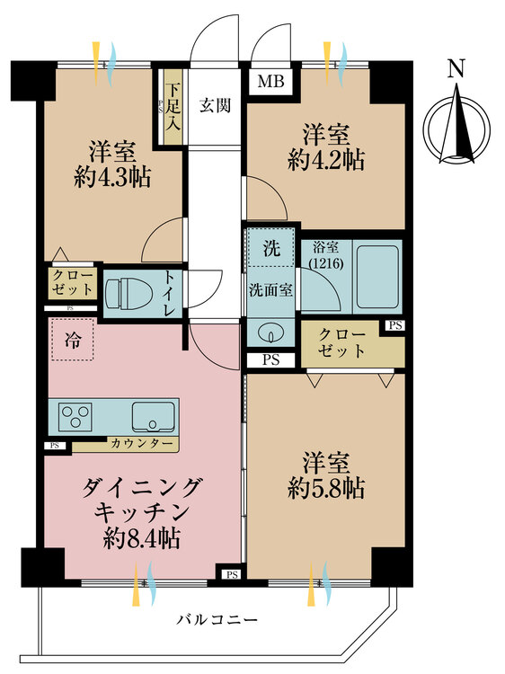 間取り ３ＬＤＫ、専有面積５１．００平米、バルコニー面積６．５平米