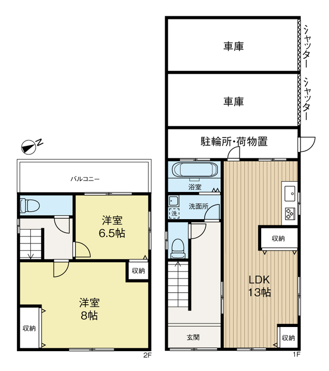 間取り 車庫2台付きの2階建住戸♪