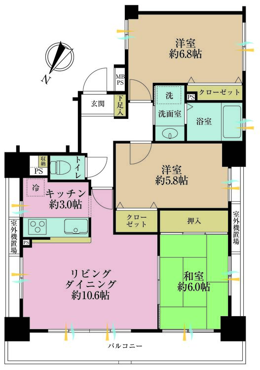 その他 3LDK、専有面積68.6m2、バルコニー面積9.13m2