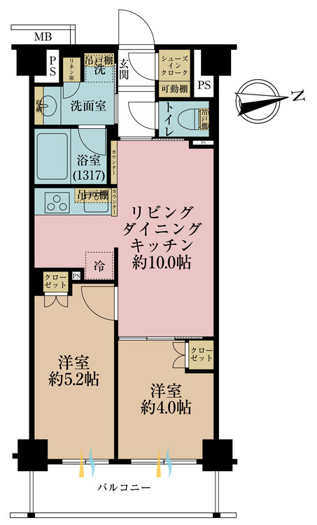 間取り ２ＬＤＫ、専有面積４５平米、バルコニー面積５．８５平米