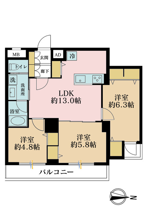 その他 3LDK、専有面積63.68m2、バルコニー面積8m2