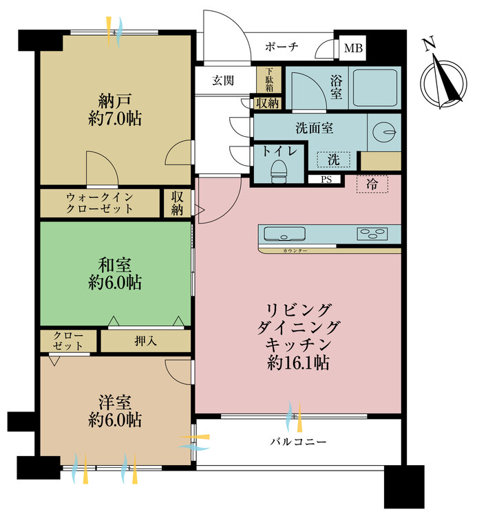 間取り ３ＬＤＫ、専有面積７５．１５平米、バルコニー面積５．２８平米