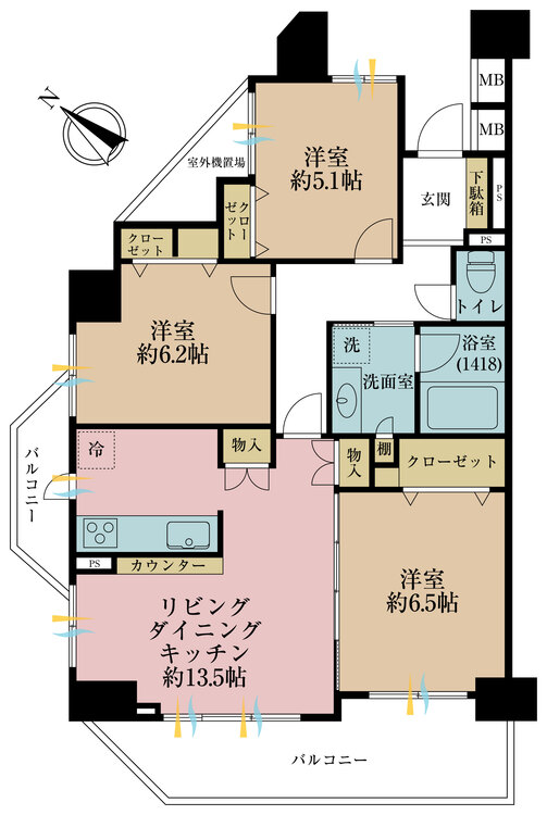 間取り 3LDK、専有面積75.01平米、バルコニー面積13.51平米