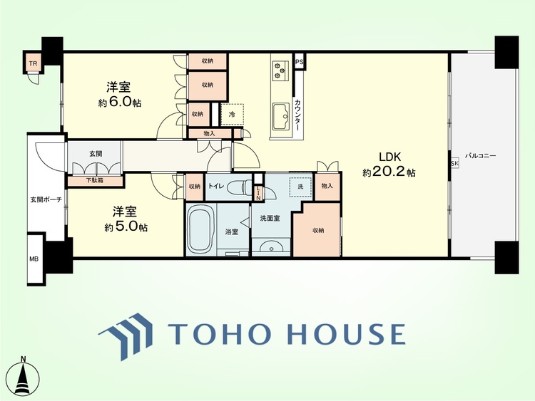 間取り 2LDK 専有面積71.42平米、バルコニー面積12.4平米