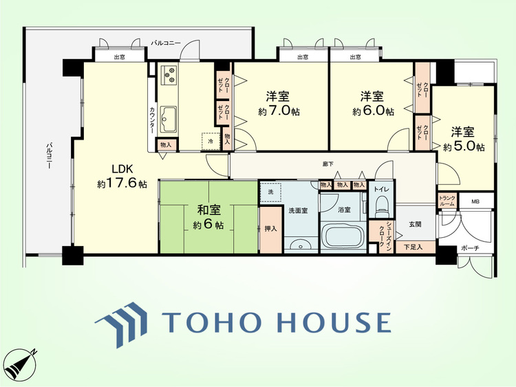 間取り 4LDK　専有面積平96.37米、バルコニー面積21.8平米