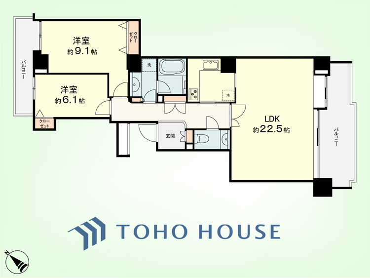間取り 2LDK　専有面積88.06平米、バルコニー面積17.98平米