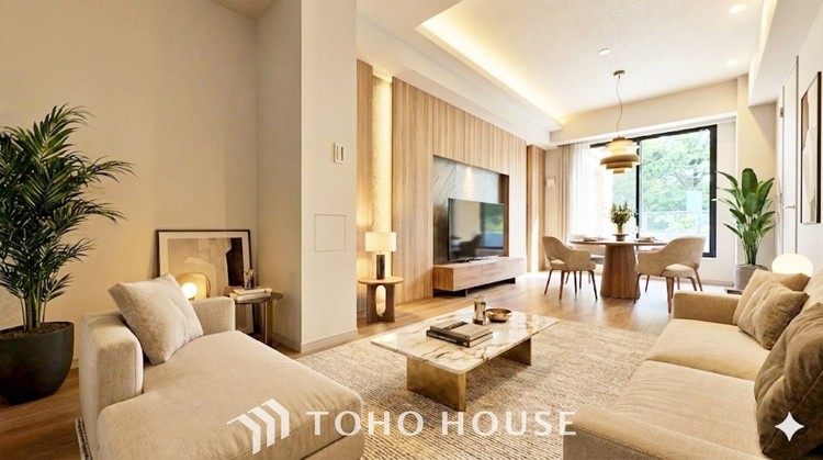 内装 一部CG加工済み欠かせない眩い採光。ゆったりとした幅の窓からこの空間に降り注ぐ採光が絶えない。明るいリビングこそ居心地のいい暮らしが待っているのだと思う。