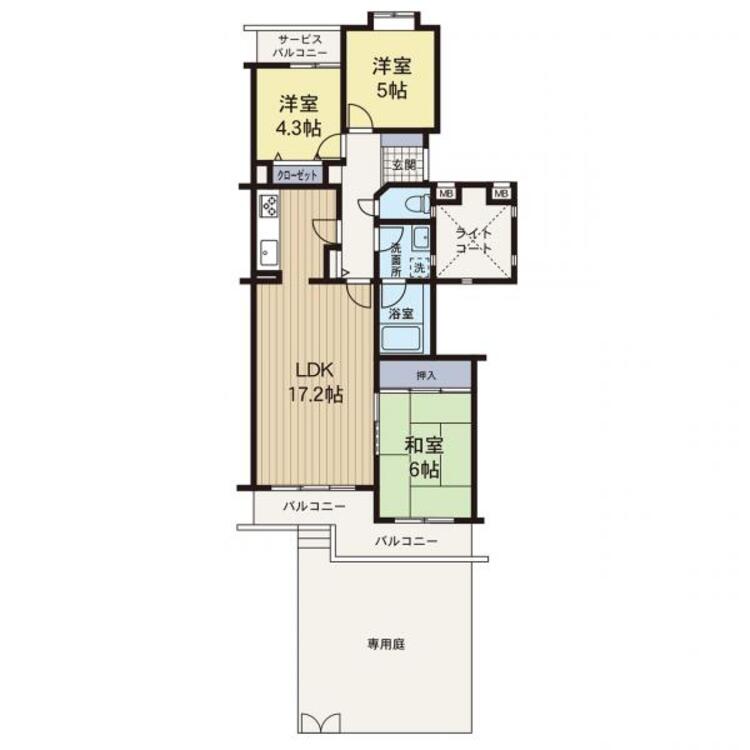 間取り 【間取り図】バルコニーと専用庭を備えた３ＬＤＫのファミリータイプです。