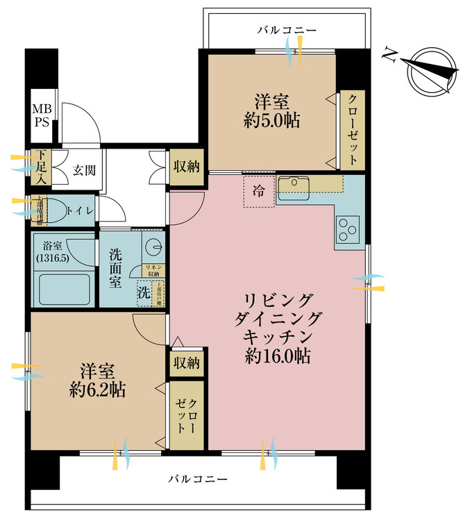 間取り ２ＬＤＫ、専有面積６０．９平米、バルコニー面積１３．３３平米