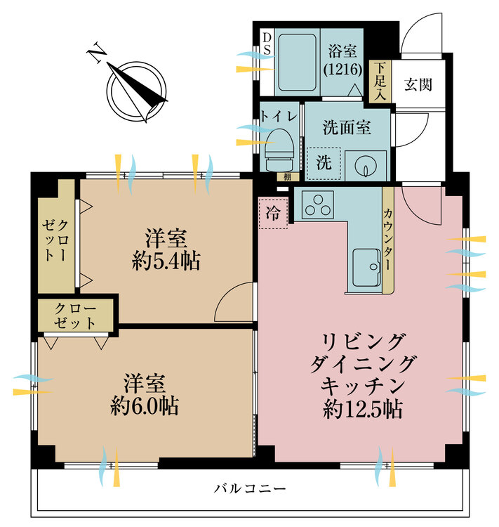 間取り ２ＬＤＫ、専有面積５３．１４平米、バルコニー面積５．６０平米