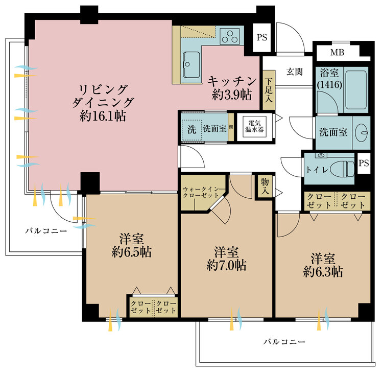 間取り ３ＬＤＫ、専有面積８９．４６平米、バルコニー面積１３．５３平米