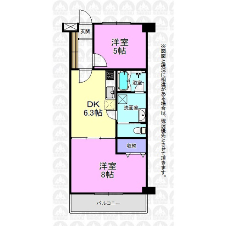 間取り 2DK間取り、南西向きで採光良好です。