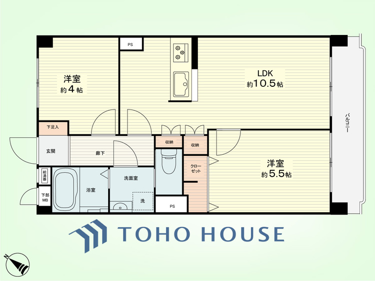 間取り 2LDK　専有面積48.06平米、バルコニー面積4.85平米