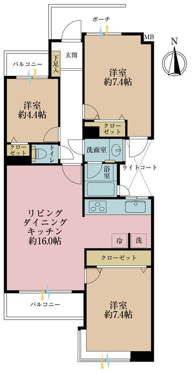 間取り 3LDK、専有面積75.77平米、バルコニー面積5.99平米