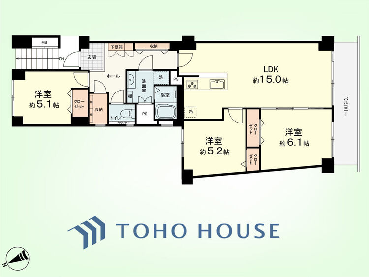 間取り 3LDK　専有面積73.75平米、バルコニー面積8.77平米