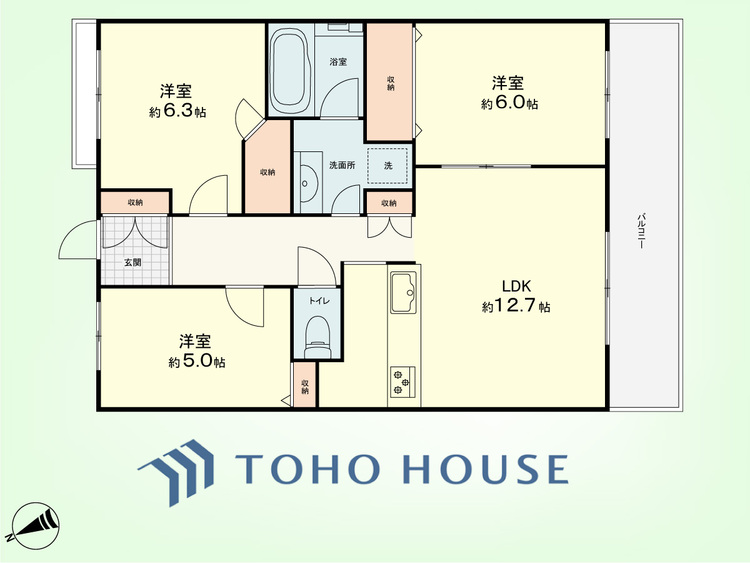 間取り 3LDK　専有面積64.40平米　バルコニー面積9.9平米