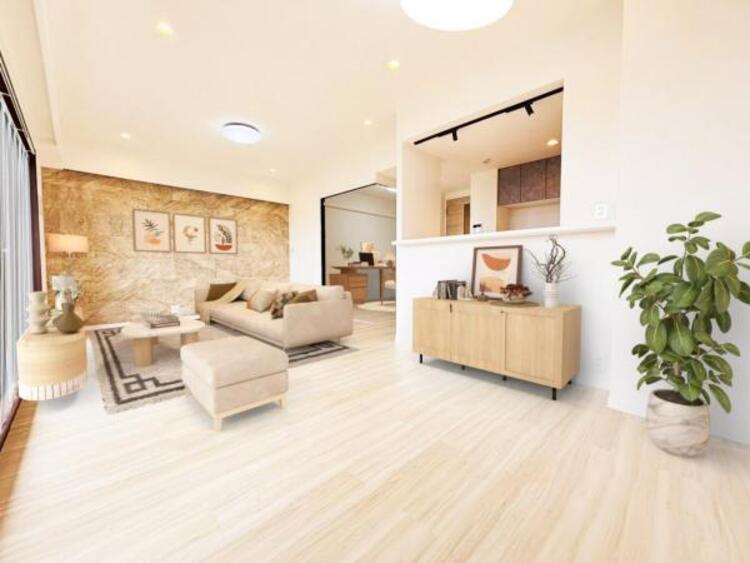 居間 リビング（家具はCGによるイメージです）ソファーやダイニングテーブルを置いてもゆとりのある広々リビングです。ご家族みなさんで寛げる空間をぜひ現地で体感してみてください。