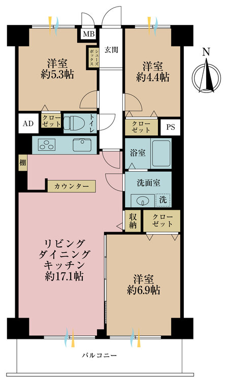 間取り ３ＬＤＫ、専有面積７２．００平米、バルコニー面積９．００平米