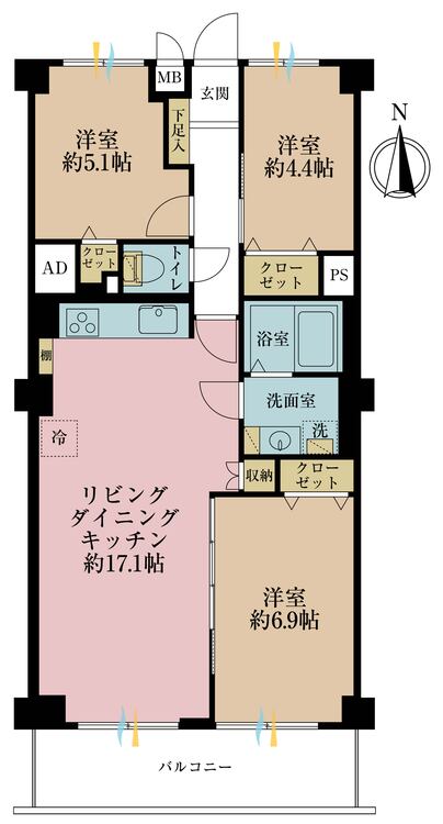 間取り 3LDK、専有面積72.00平米、バルコニー面積9.00平米