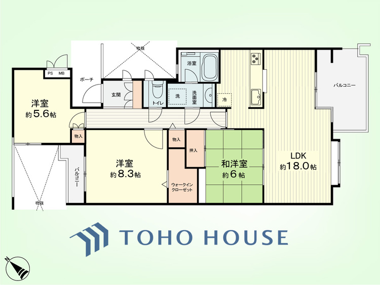 間取り 3LDK　専有面積86.64平米、バルコニー面積8.81平米