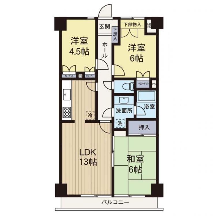 間取り 【間取】東南向きのバルコニーで陽当り良好です。居室が3部屋あるので、ファミリー層にもおすすめできます。