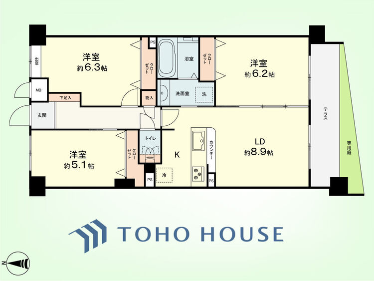 間取り 3LDK　専有面積65.09平米、バルコニー面積7.92平米、専用庭面積3.86平米