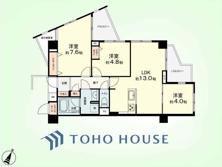 間取り 3LDK+トランクルーム　専有面積65.07平米、バルコニー面積7.90平米