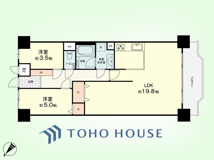 間取り 2LDK　専有面積64.80平米、バルコニー面積7.01平米