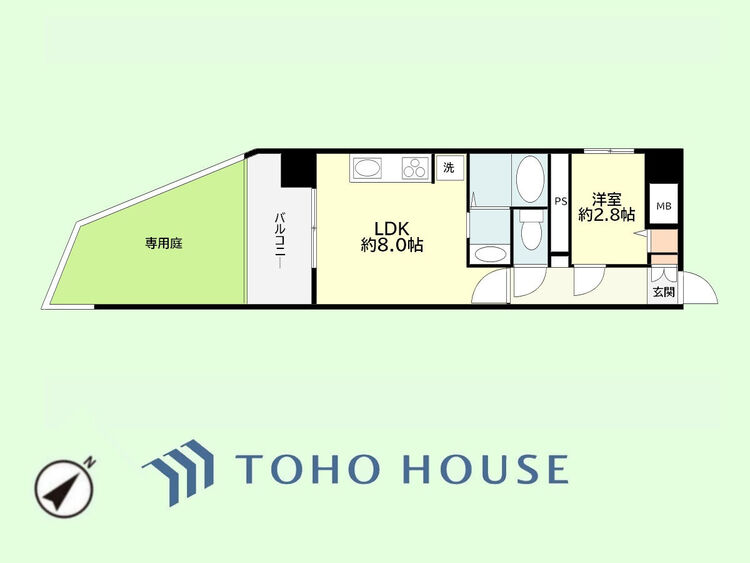 間取り 1LDK　専有面積30.60平米、バルコニー面積5.44平米