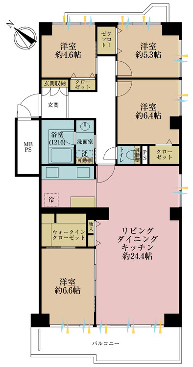 間取り ３ＬＤＫ、専有面積１０４．６６平米、バルコニー面積１１．７６平米
