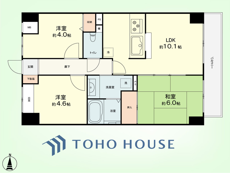 間取り 3LDK　専有面積56.93平米、バルコニー面積6.78平米