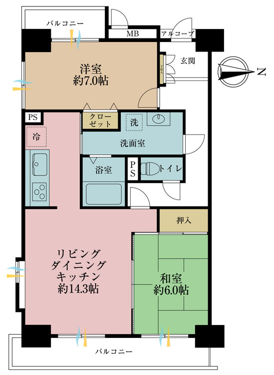 間取り ２ＬＤＫ、専有面積６５．７１平米、バルコニー面積１０．１２平米